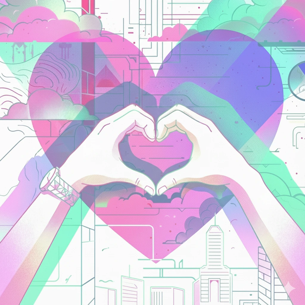 Two hands forming a heart shape in front of a large pink and purple heart, overlaid with pastel mint, pink, and lavender geometric beams, with a stylized cityscape and circuit-line patterns in the background.